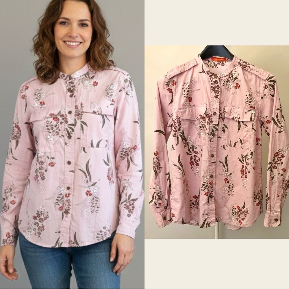 Joe Fresh Boho Cottagecore Pink Floral Pattern Artsy Button Down Shirt Blouse.